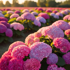 wide field of hydrangea bushes blooming in varying shades of pink and purple, shot in the golden hour light, with a clean 