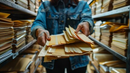 Person organizes and handles files in a cluttered archive during daytime in a storage facility