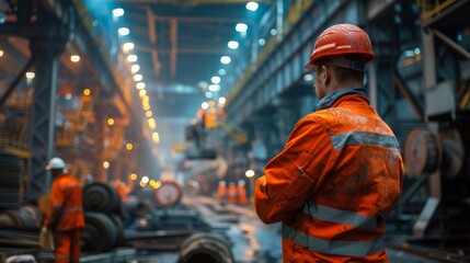 Workers in an industrial setting engage in heavy machinery operations while wearing safety gear during a busy day at the factory