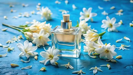 Elegant tuberose perfume bottle surrounded by fresh tuberose petals on a vibrant blue surface, fragrance, beauty, floral