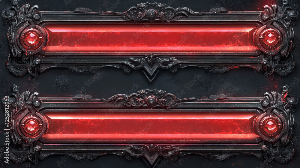 Poster progress bar loading steps with flourish decorated metal frame with red neon glowing linear loader f