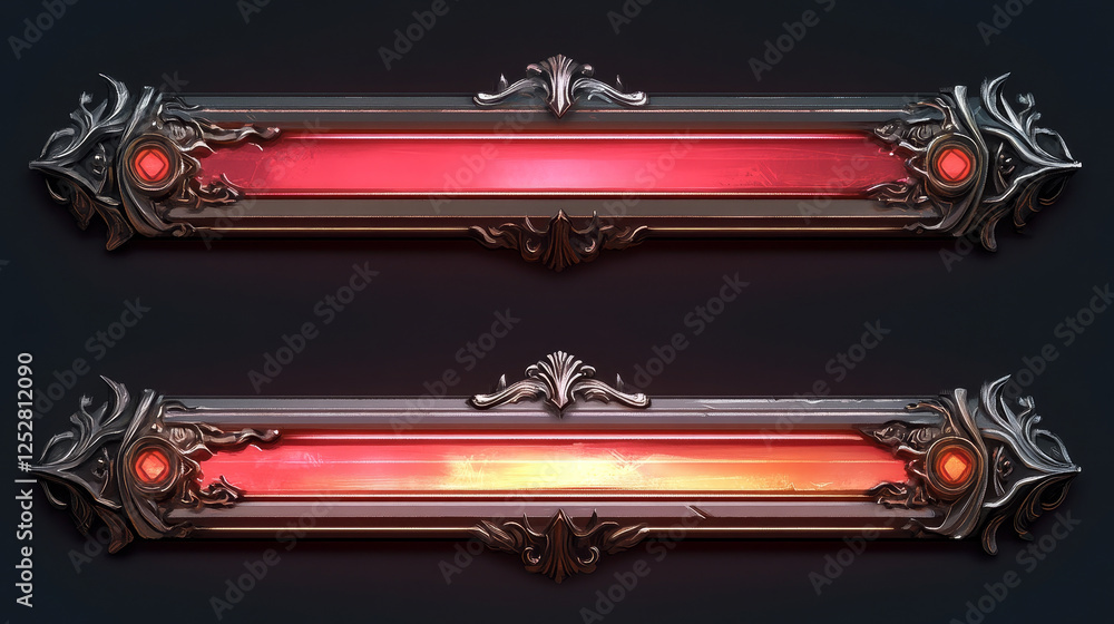 Poster progress bar loading steps with flourish decorated metal frame with red neon glowing linear loader f