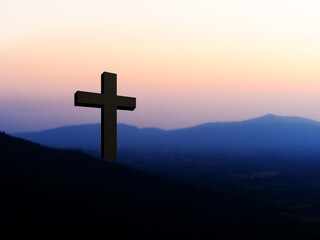 Cross christian god religion on sunset background, jesus church worship pray catholic grace christ,...