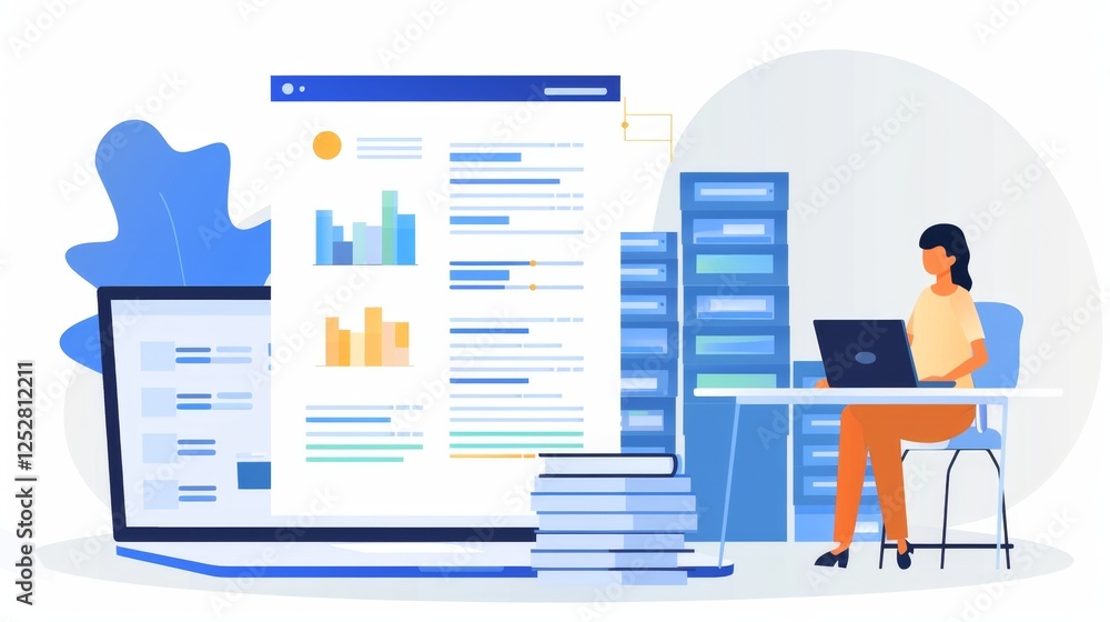 Poster professional woman working at her desk with graphs and data analysis in a modern office setting