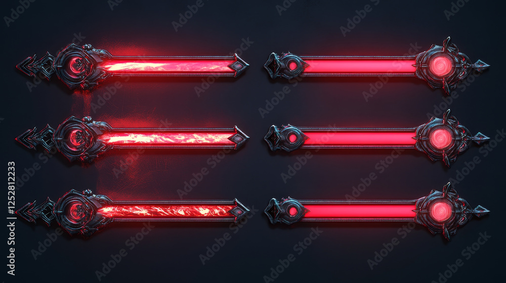 Poster progress bar loading steps with flourish decorated metal frame with red neon glowing linear loader f