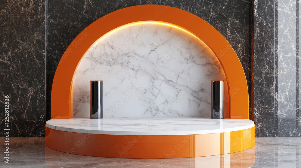 Poster 3d abstract orange arch podium for product display background. white minimal round platform. modern 