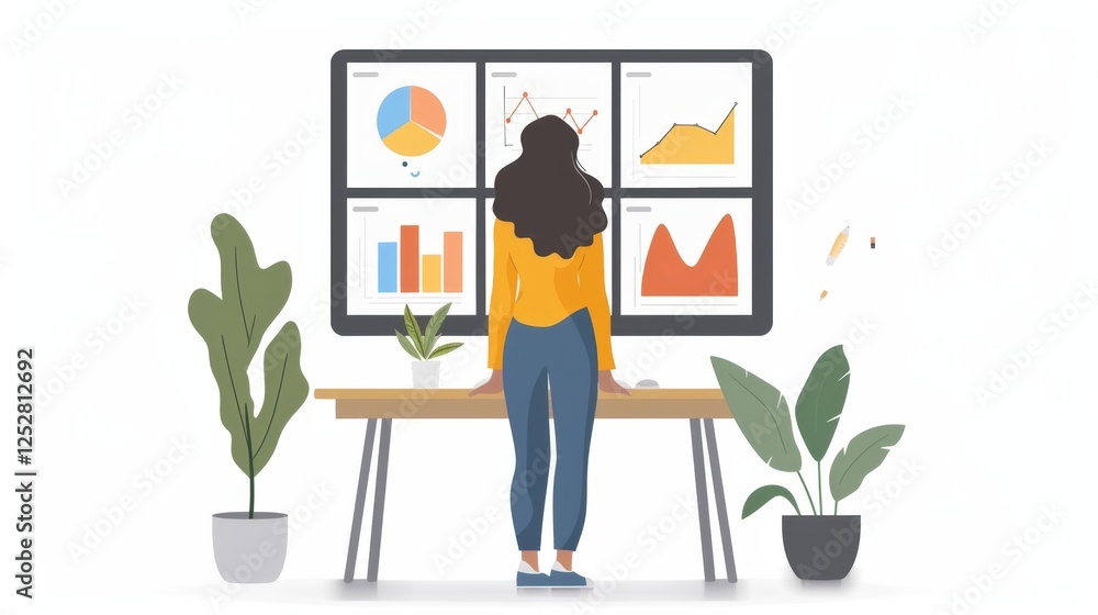 Poster analyzing data trends and insights on a large screen at a modern workspace
