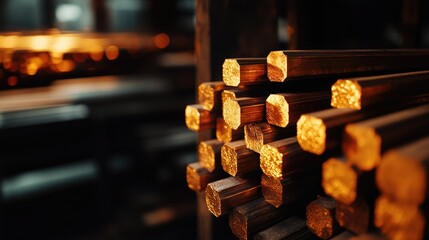 A close-up shot of copper bars stacked in a neat pile inside an industrial workshop