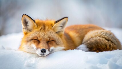 Fototapeta premium Japanese red fox sleeping peacefully in the serene snow , Japan, red fox, snow, sleeping, wildlife, peaceful, serene, tranquil, resting