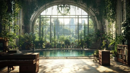 Obraz premium Abandoned Lush Greenhouse Interior With Pool And Sunlight