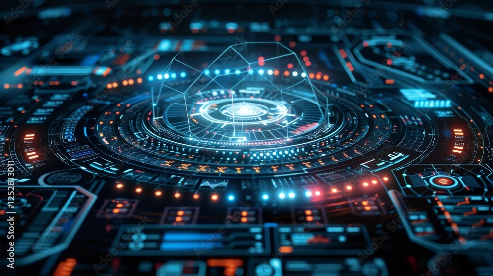 Poster high-tech digital interface displaying vibrant data visualization in a futuristic design during nigh
