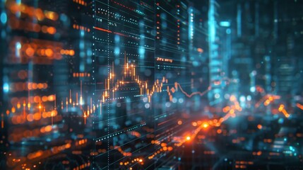 Financial data visualization showcases market trends with vibrant colors and intricate patterns on a digital interface