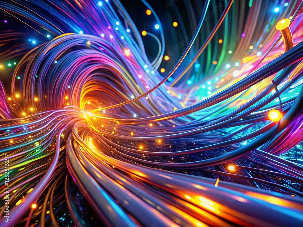 Poster abstract digital data flow: neon cables and twisted wires in a colorful vortex - 3d render