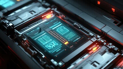 Obraz premium A concept art of advanced electric car battery cells with holographic displays showing charge levels.