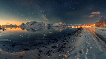 Fototapeta premium Stunning view of snow-covered mountains and tranquil lake at dusk with shimmering reflections and a starry sky