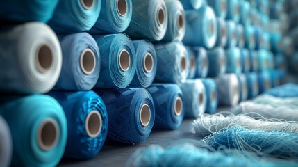 Threads of various shades arranged neatly in a textile workshop showcasing deep blues and light blues