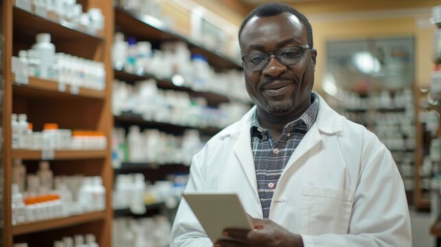 Experienced pharmacist assists customers in a bustling pharmacy filled with various medications and health products