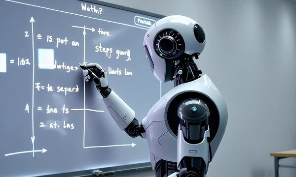 Robot teacher writing math equations on whiteboard in classroom - Powered by Adobe