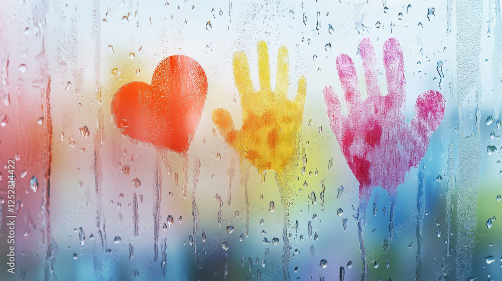 Aufkleber wipe stains on glass with condensation water drops, palm, heart and abstract imprints on window. win
