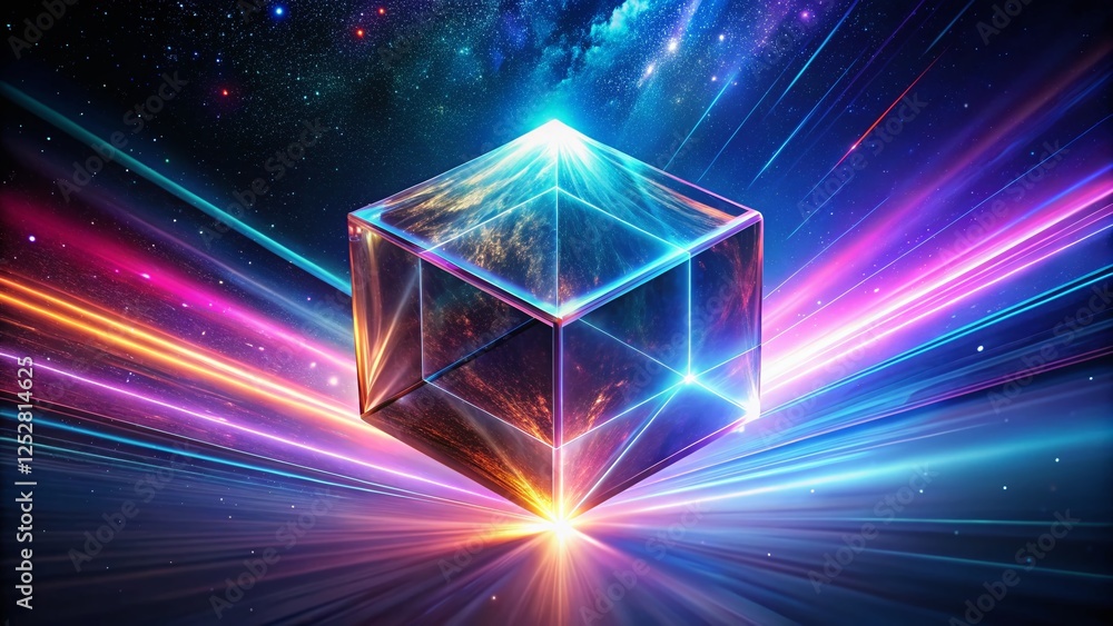 Poster abstract flying cube: sci-fi long exposure in empty space