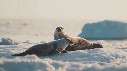 Obraz premium Two seals resting on icy surface with a distant iceberg under bright sky
