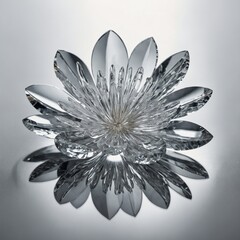 A smooth glass-crystal flower with mirror-like petals pure white background.