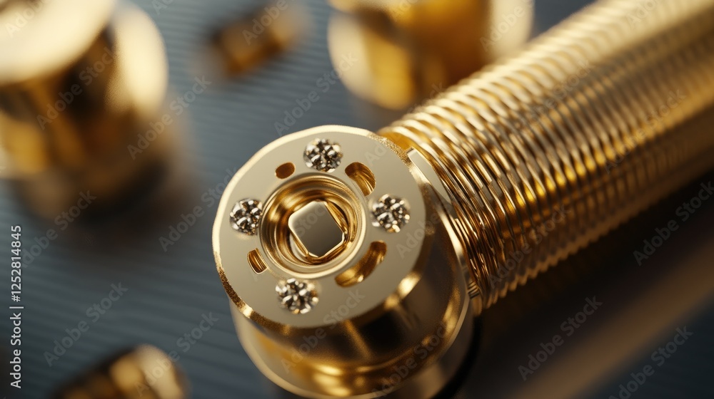 Poster a detailed view of a coaxial plug with gold plating, showing its concentric structure and threads