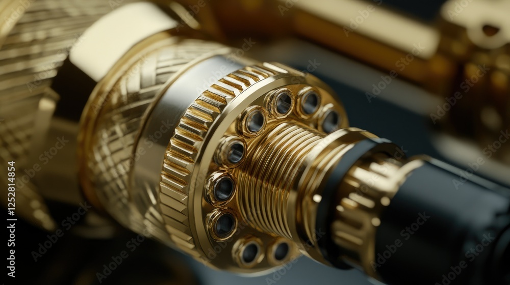 Poster a detailed view of a coaxial plug with gold plating, showing its concentric structure and threads