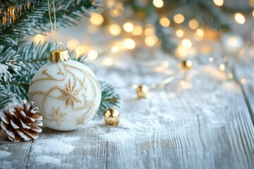 Obraz premium Elegant Christmas ornament with golden design on wooden table, surrounded by festive lights and pine