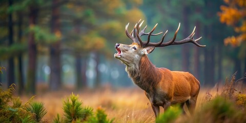 Majestic red deer howaling in the forest during the rut, red deer, howaling, forest, rut, majestic, wildlife, nature