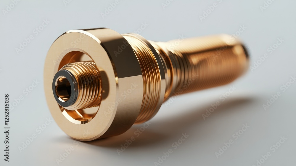 Poster a detailed view of a coaxial plug with gold plating, showing its concentric structure and threads