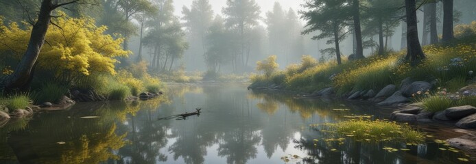 Fototapeta premium misty morning in a forest with a pond and yellow flowers, misty morning, overcast sky