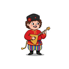 Adorable Boy Playing Balalaika in Traditional Russian Costume