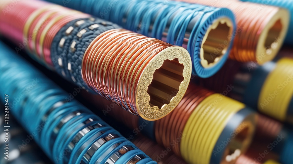 Poster a detailed view of multiple cable cross-sections with colorful insulation and copper cores