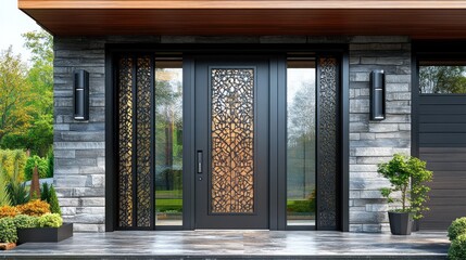 Modern entrance door with intricate design, surrounded by landscaped garden and natural light