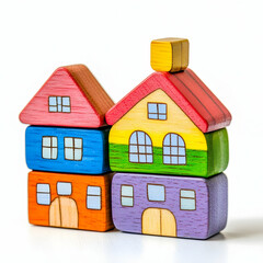 Colorful wooden toy houses on white