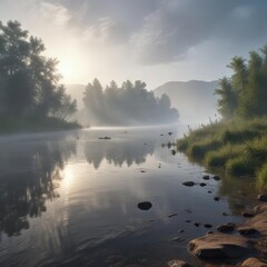 Obraz premium Morning mist rising from the surface of the Volga River, creating a mystical atmosphere, morning mist, fog, water