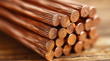 Copper rods stacked on wood; industrial material