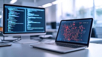 Modern Workspace With Laptop And Monitor Displaying Code