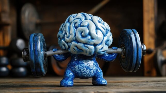 Playful Blue Brain Figure Engaged in Weightlifting, Highlighting the Importance of Nurturing Both Mental and Physical Health