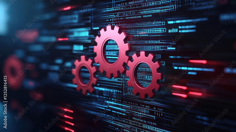 Poster red gears in digital code background
