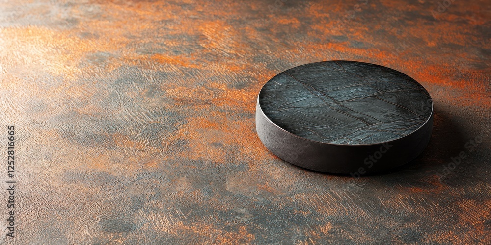 Poster artistic presentation of a circular metal object on textured surface studio setting product minimali