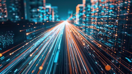 Fototapeta premium Futuristic city highway with glowing light trails.