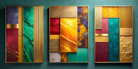 Abstract Gold & Bold Color Art Panels: Modern Luxury Interior Design Stock Photo