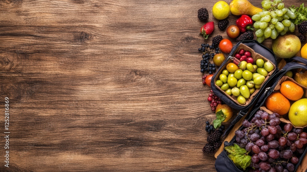 Poster assorted fruits and vegetables on a weathered wooden table with an open backpack display