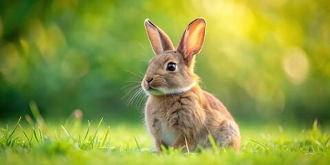 Obraz premium Adorable brown rabbit with fluffy fur sitting in a green grassy field, rabbit, brown, fluffy