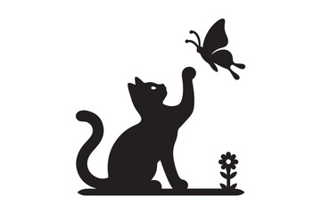 Cat playing with a butterfly icon silhouette on white background. (2)