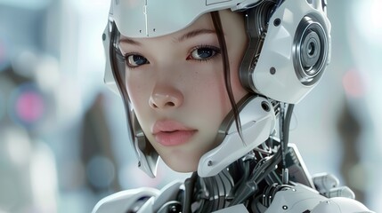 Fototapeta premium The beauty robot teenager captivates with sleek, futuristic features and a youthful, vibrant look that’s ahead of its time.