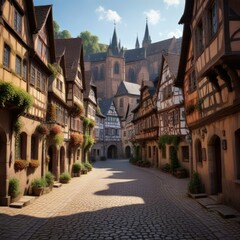 Fototapeta premium Old town Miltenberg's half-timbered houses and churches, germany, church steeples