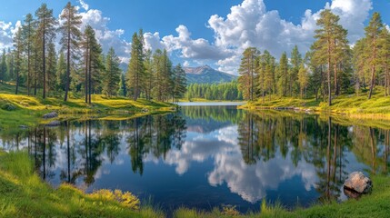 Alpine lake reflection, sunny forest, tranquil scene